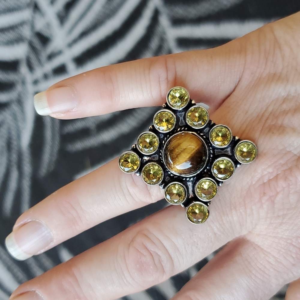 New Oversized Tiger Eye and Citrine 925 Silver Statement Ring. - Picture 2 of 8